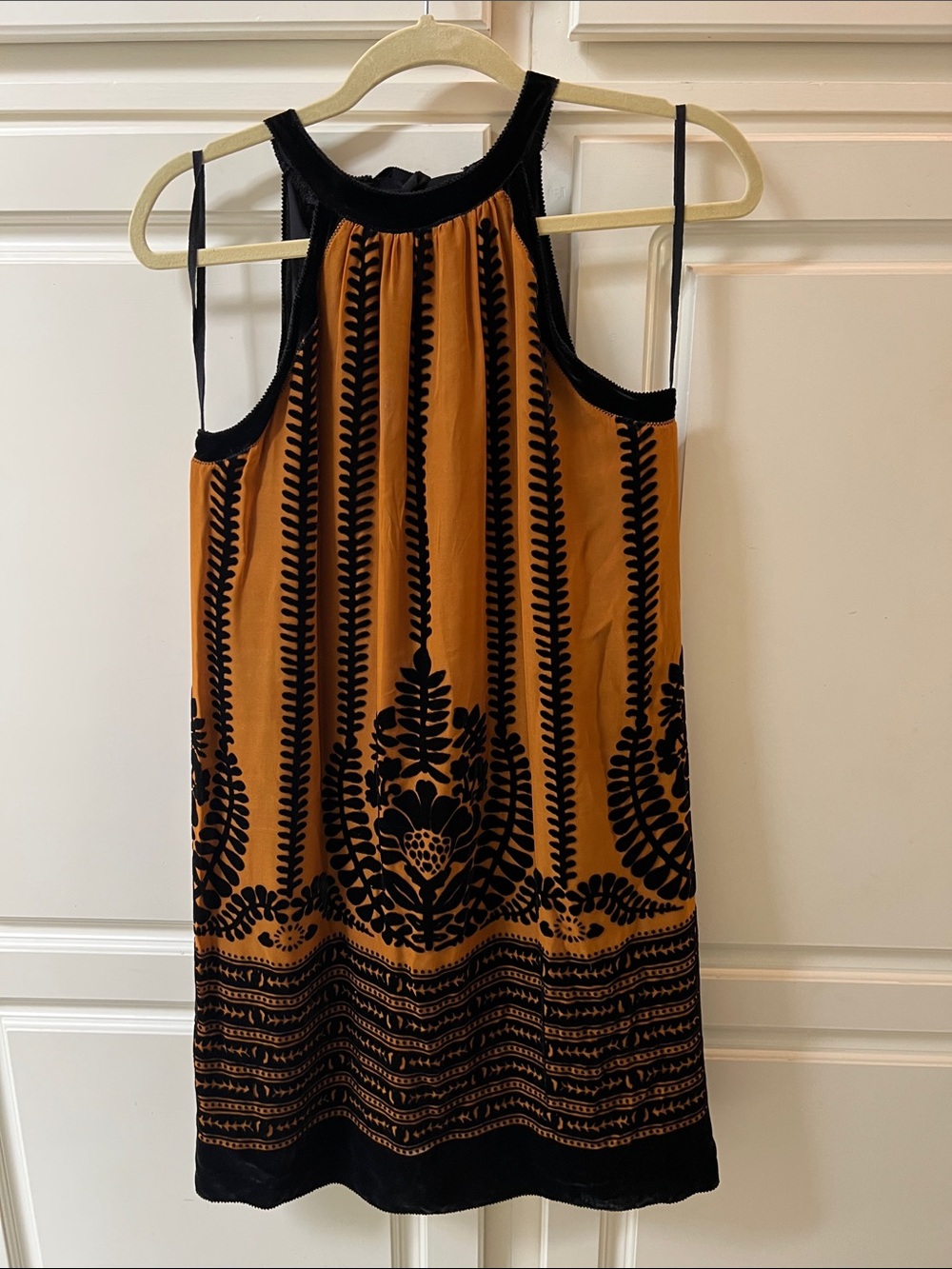 Max Studio Black and Mustard Sleeveless Halter Midi Dress with velvety detail